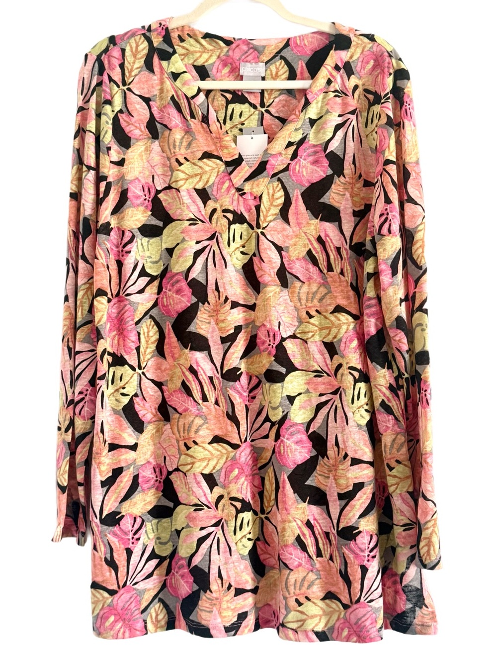 Chico’s Linen Floral V-Neck 3/4 Sleeve Top in Multi Pink XL - Picture 2 of 11
